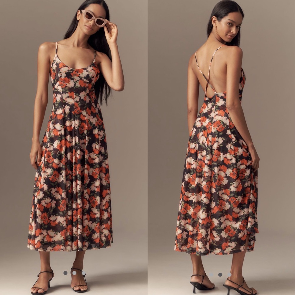 By Anthropologie scoop neck mesh a line midi dress